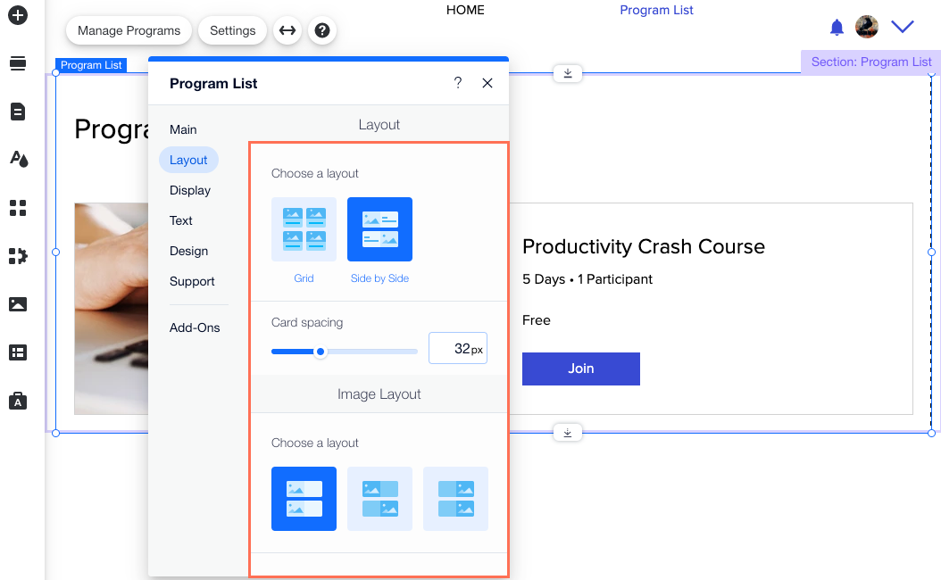 Uma captura de tela das configurações de layout para o layout Lado a lado da lista de programas.