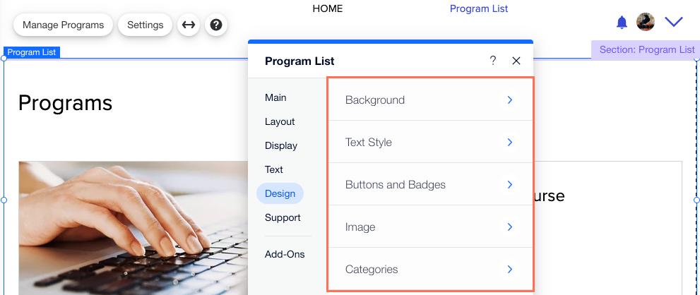 Uma captura de tela das configurações de Design da sua Lista de programas.