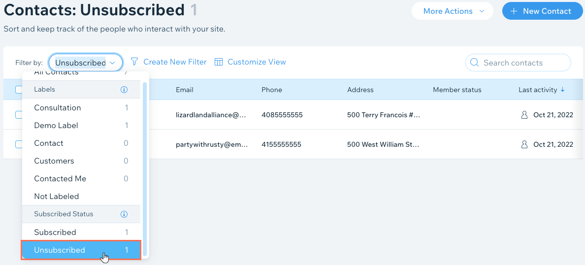 A screenshot of selecting the Unsubscribed filter in Contacts.