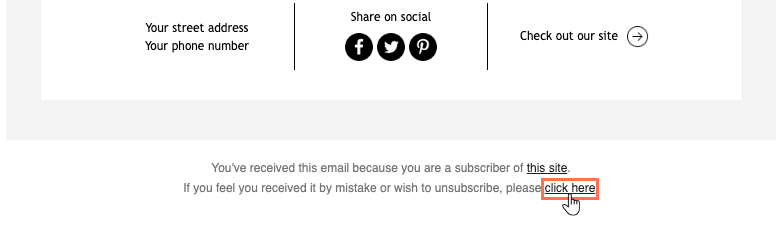 A screenshot of the 'click here' text that appears at the bottom of the email campaign.