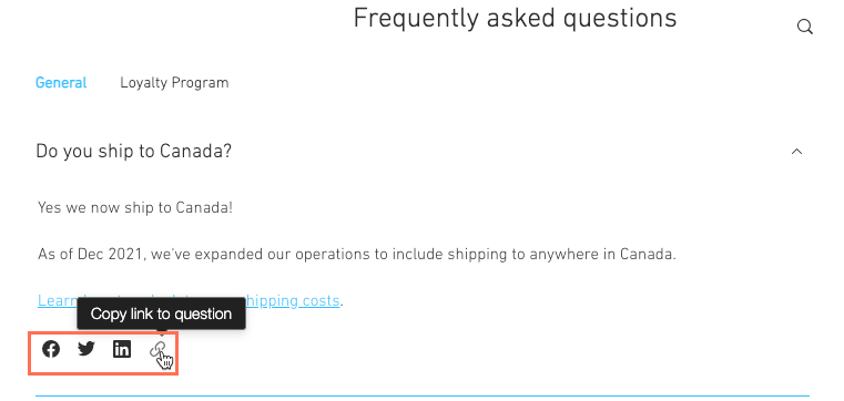 A screenshot of the FAQ sharing options on a live site.