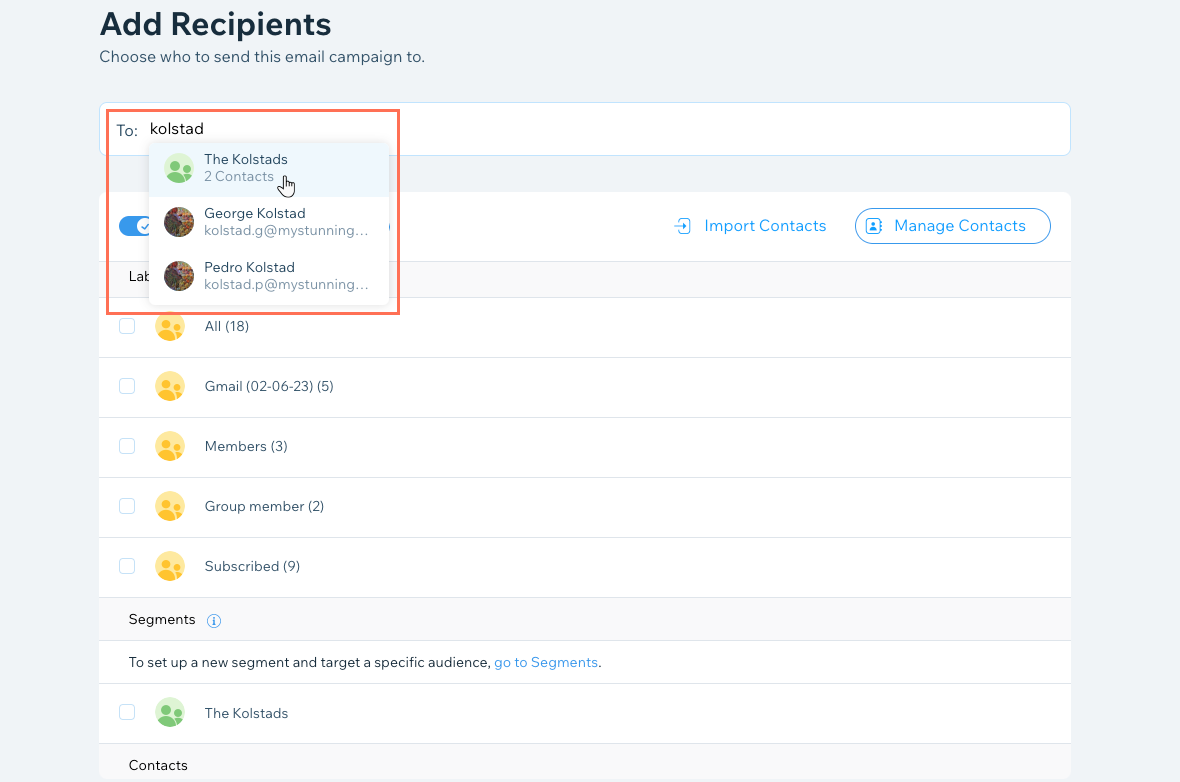 A screenshot of adding contacts as recipients.