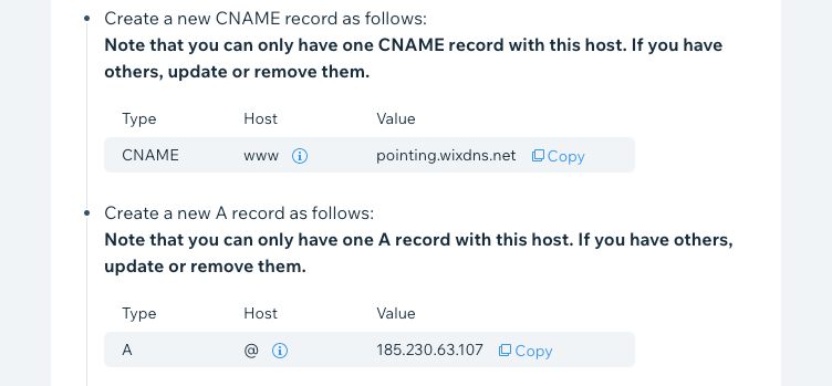 A screenshot of the DNS records needed to connect your domain via pointing.