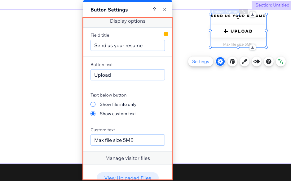 Uma captura de tela das configurações do botão de upload.