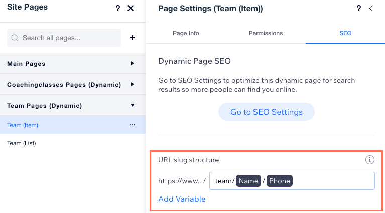 Uma captura de tela da estrutura do slug do URL na aba SEO das configurações da página.