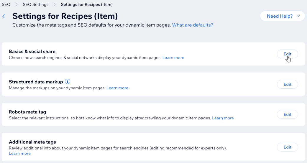 Uma captura de tela de várias configurações de SEO para uma página dinâmica de item.