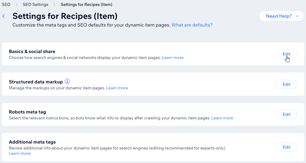 A screenshot of various SEO settings for a dynamic item page.