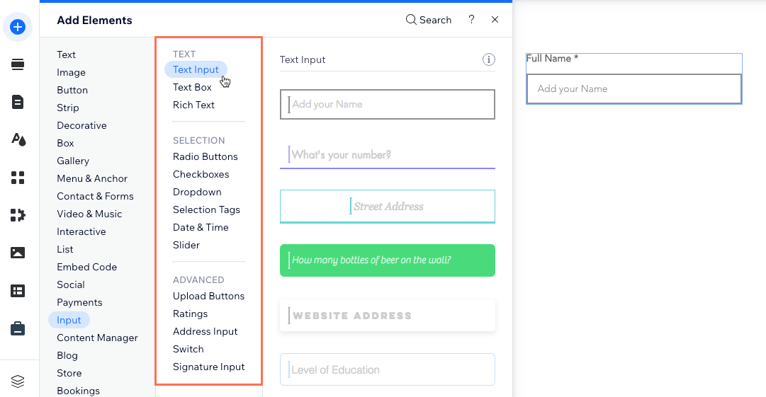 Screenshot of adding input elements in the Wix Editor.