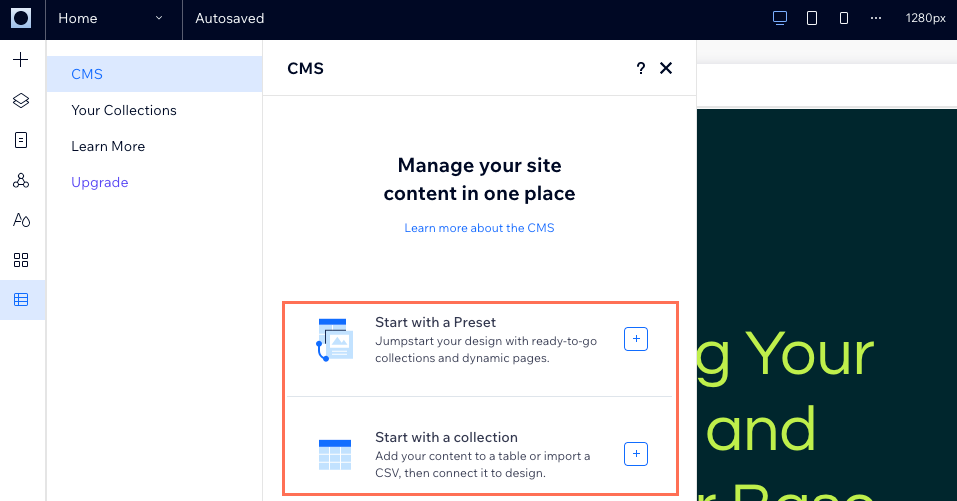 Une capture d'écran des options pour commencer avec le système de gestion de contenu (CMS) dans Wix Studio.