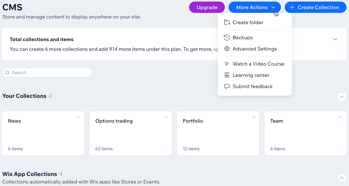 Une capture d'écran du système de gestion de contenu qui montre les collections et d'autres actions.