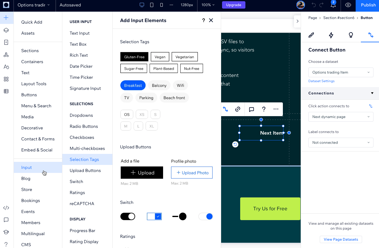 A screenshot of input elements and a button with the click action connected to the next dynamic page.