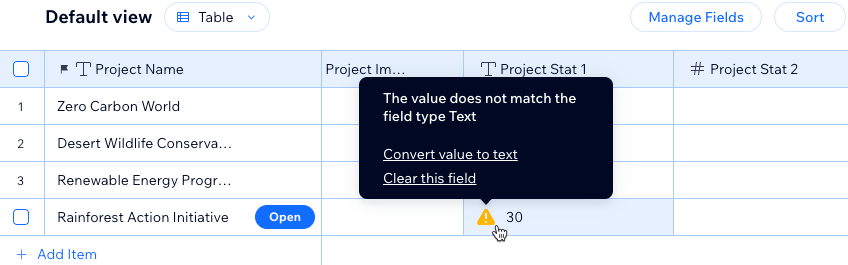 A screenshot showing the warning message you see in your collection fields if the data doesn't match the field type.