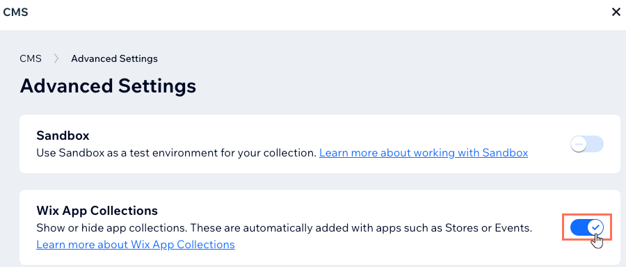 A screenshot of the Wix App Collections toggle.