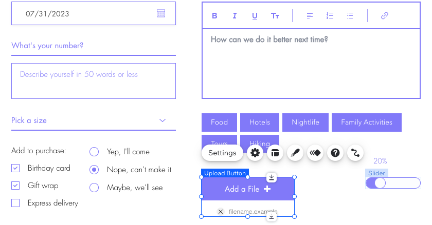 A screenshot of various user input elements in the Editor.