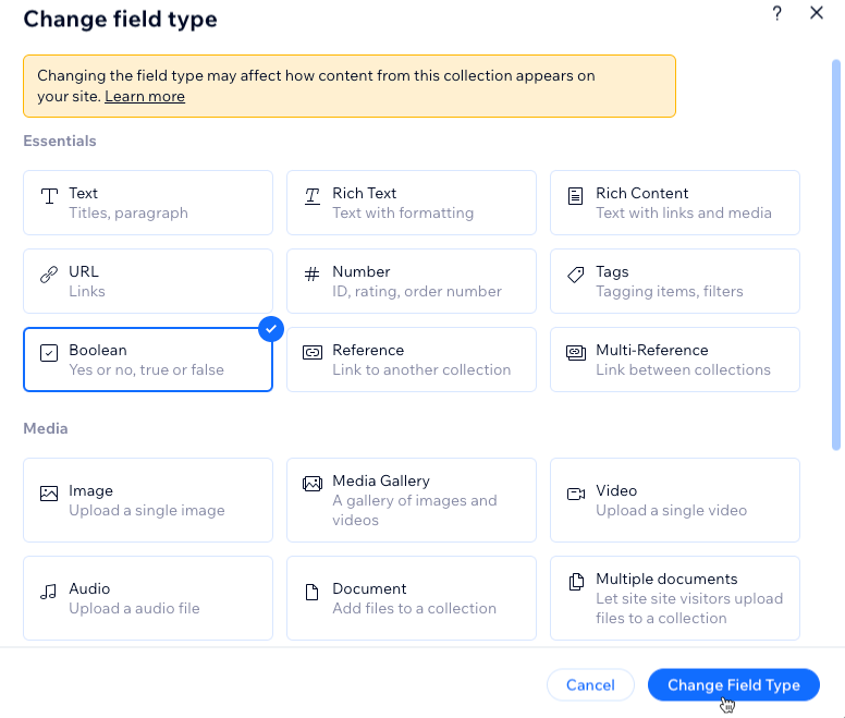 A screenshot of choosing from the available field types.