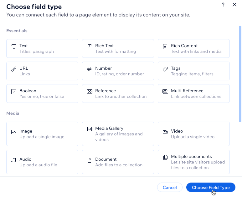 A screenshot of choosing from the available field types.