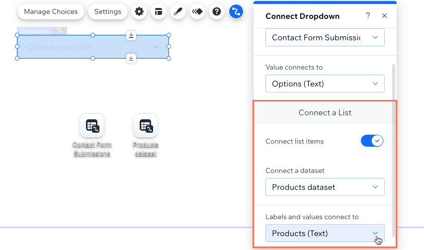 A screenshot of connecting the list of choices in a dropdown element to a collection.