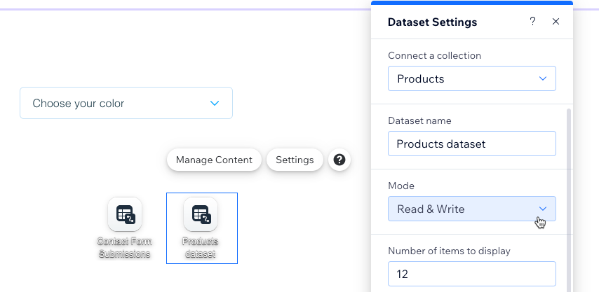 Screenshot della selezione della modalità nel dataset collegato agli elementi dell'elenco