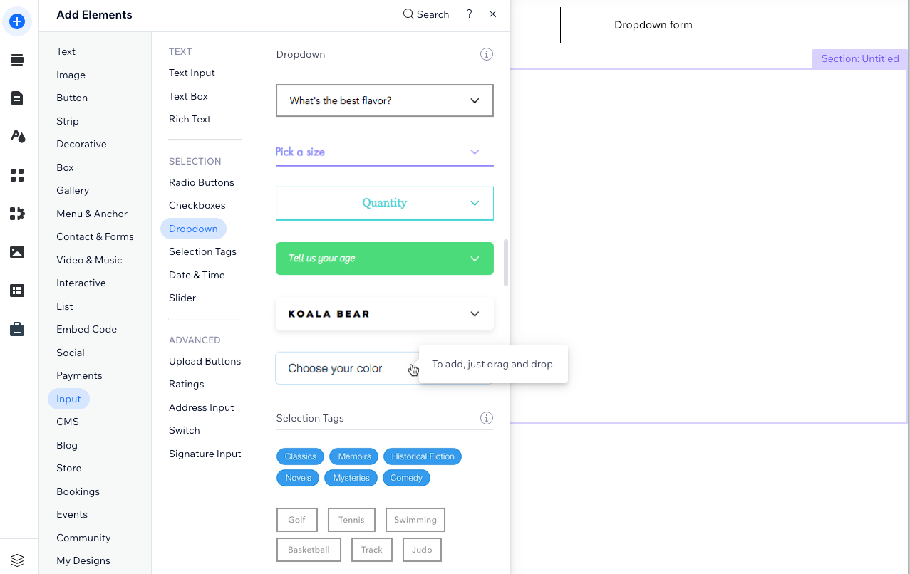 Screenshot dell'aggiunta dell'elemento menu a tendina nell'Editor