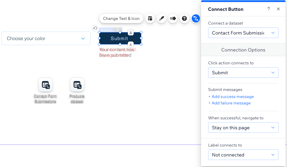 A screenshot of the Connect Button settings for a submit button.