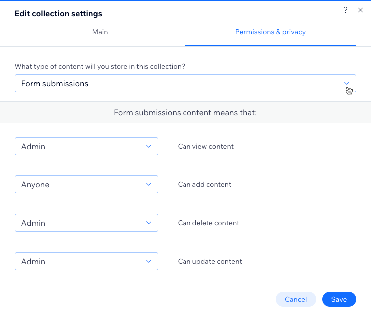 Capture d'écran de la configuration des autorisations et de la confidentialité de la collection.