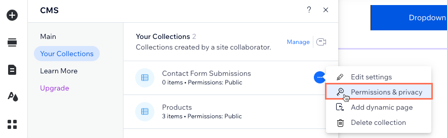 A screenshot of selecting the permissions and privacy settings for a CMS collection.