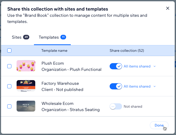 A screenshot of sharing a collection with multiple templates.