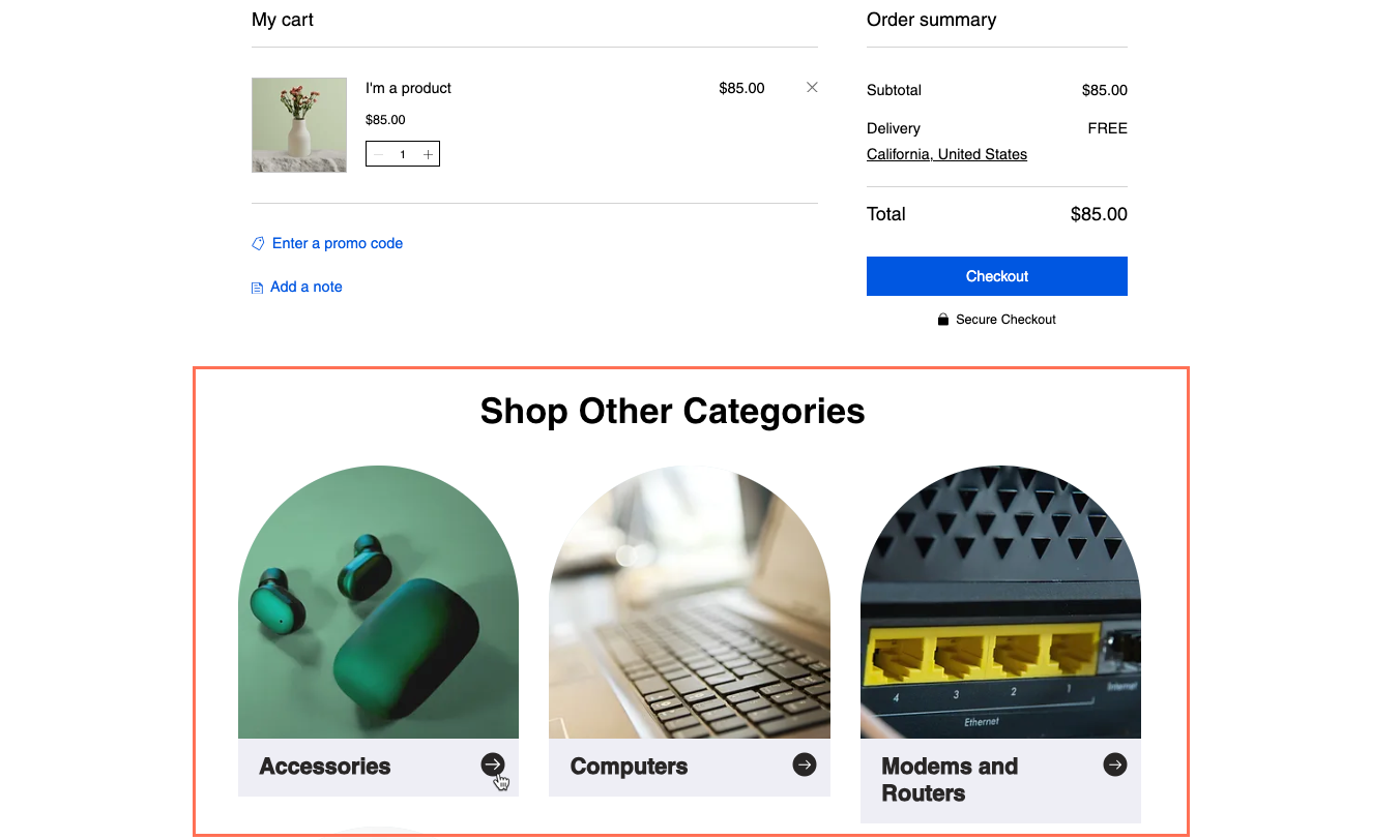 A screenshot of Stores product categories showing on a Cart page.