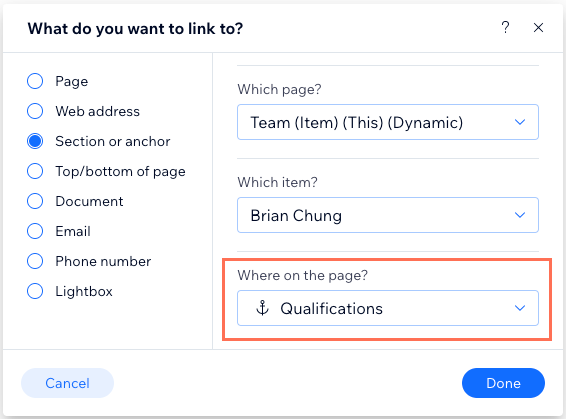 Screenshot of adding a link to an anchor on a specific dynamic item page.