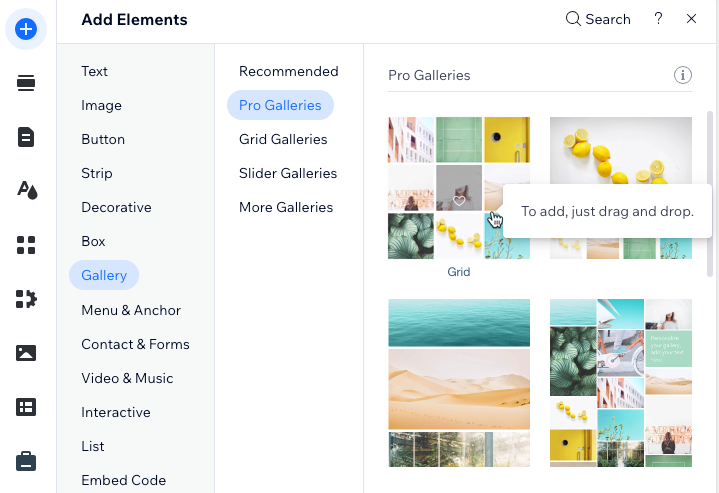 Screenshot van het toevoegen van een Pro Gallery in de Wix Editor.