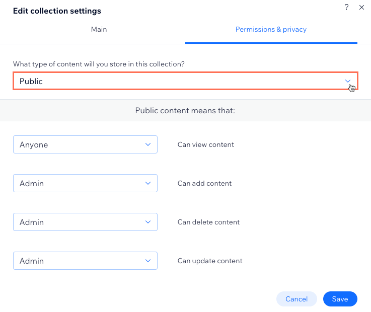 Uma captura de tela da configuração das permissões e privacidade da coleção.