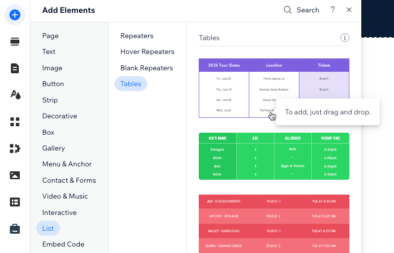 Screenshot, wie du eine Tabelle im Editor von Wix hinzufügst