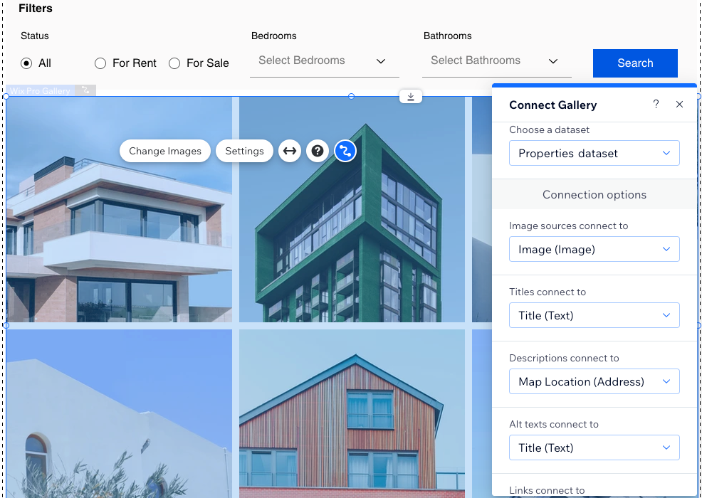 Screenshot van de dataset-koppelingsopties van een Pro Gallery.