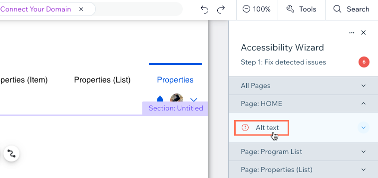 Uma captura de tela da seleção de alt text no Assistente de Acessibilidade