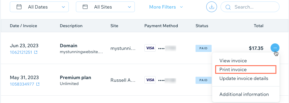 A screenshot showing how to print an invoice for a Wix subscription.