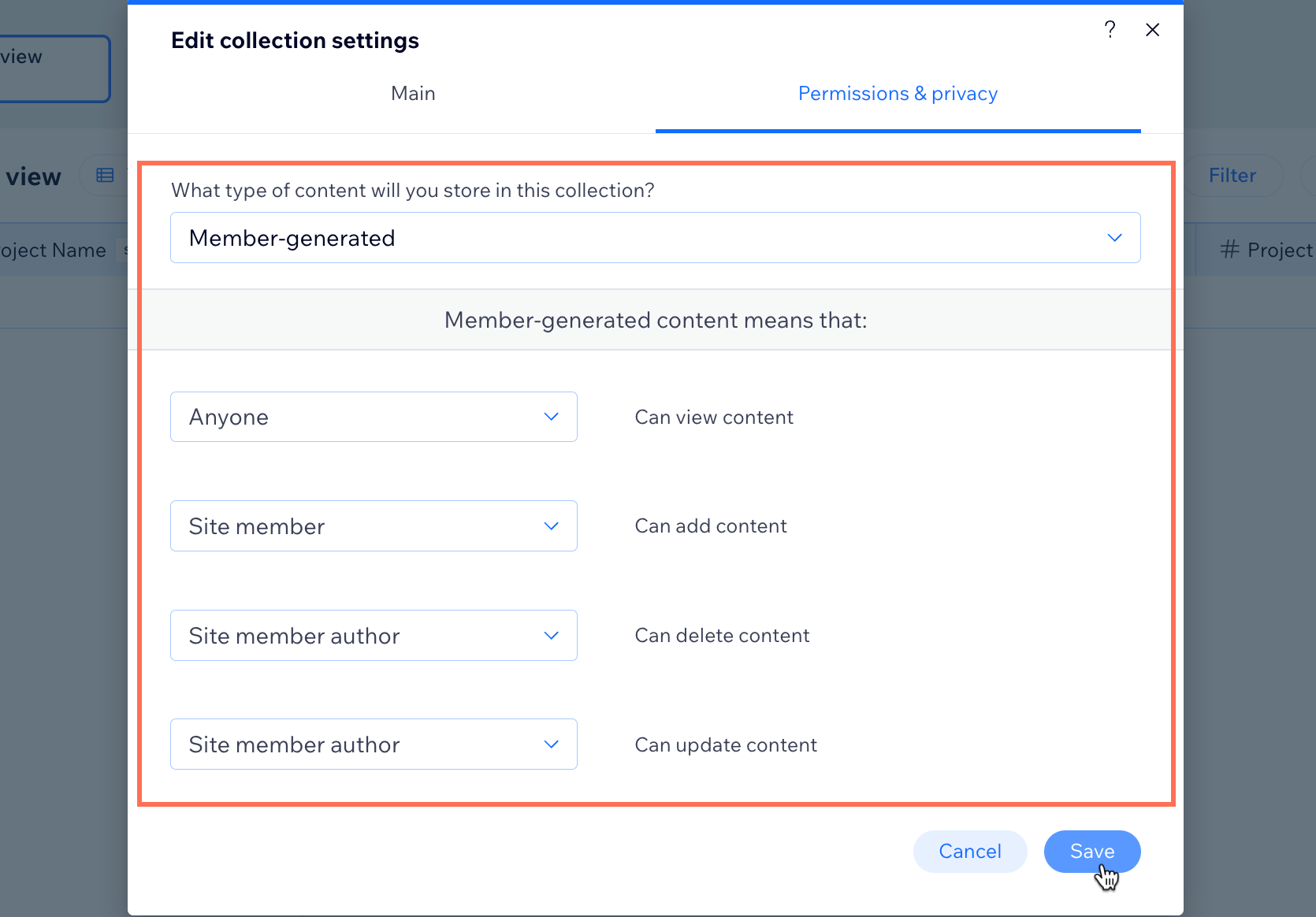 A screenshot of setting Member-generated permissions in a CMS collection.