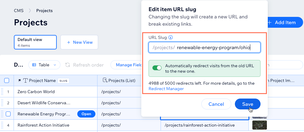 Uma captura de tela da edição do slug do URL de uma página dinâmica de item.