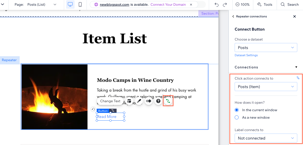 A screenshot of linking a button on the dynamic list page to the dynamic item page.