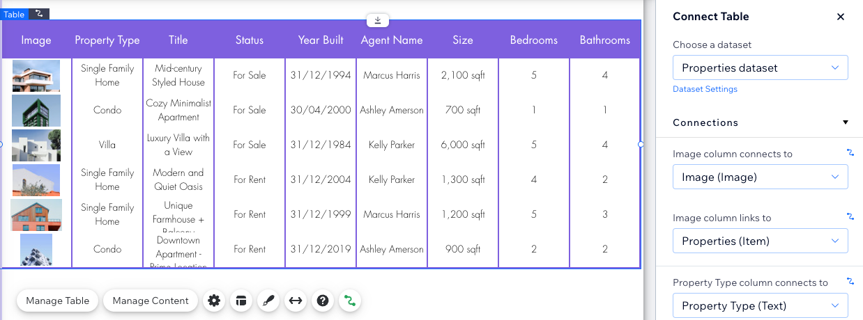 Screenshot che mostra un esempio di una tabella collegata al Gestore contenuti