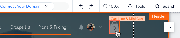 Uma captura de tela do elemento ícone do carrinho e minicarrinho sendo clicado no Editor Wix.