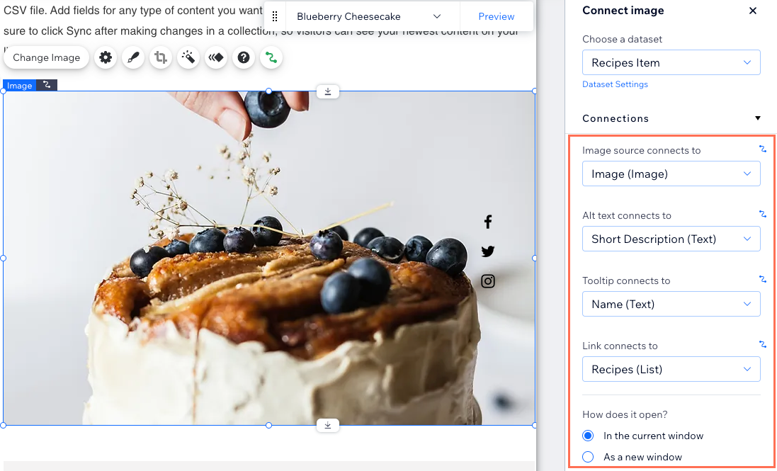 Uma captura de tela das opções de conexão do CMS de uma imagem no Editor Wix.