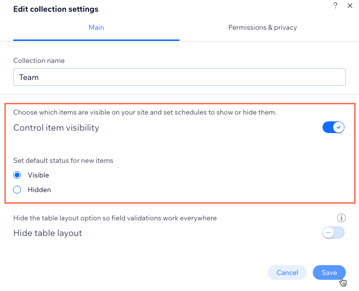 Uma captura de tela da ativação das configurações da coleção Controlar a visibilidade do item.