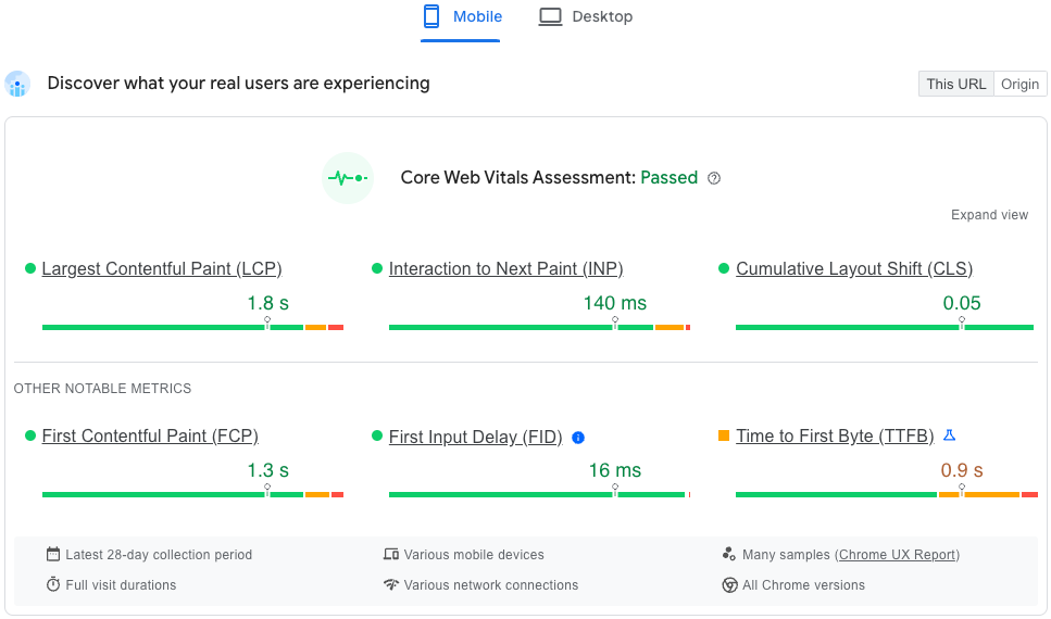 Een screenshot van de Ontdek wat je echte gebruikers ervaren - Core Web Vitals-beoordelingsstatistieken.