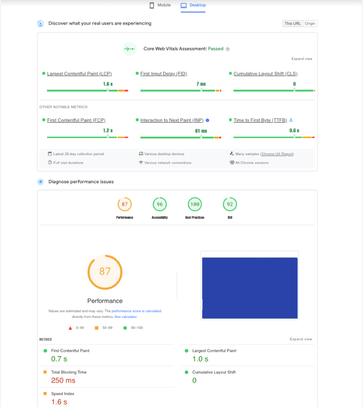 Captura de pantalla que muestra Google PageSpeed Insights.