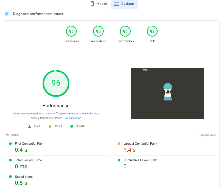 Captura de pantalla que muestra las métricas Diagnosticar problemas de rendimiento, puntuación de rendimiento.