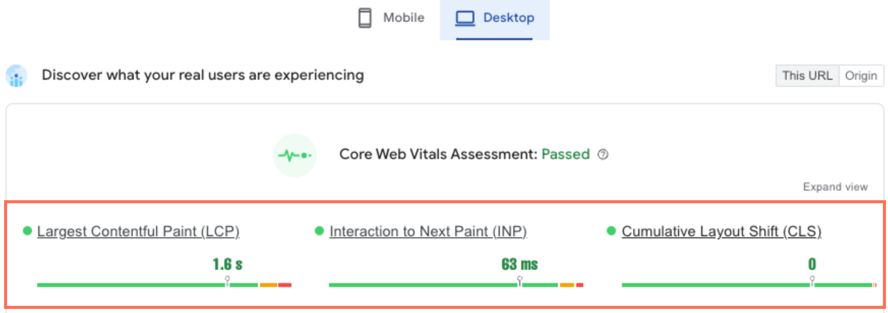 A screenshot showing how the desktop version of the same page might receive a full SEO boost for each metric.