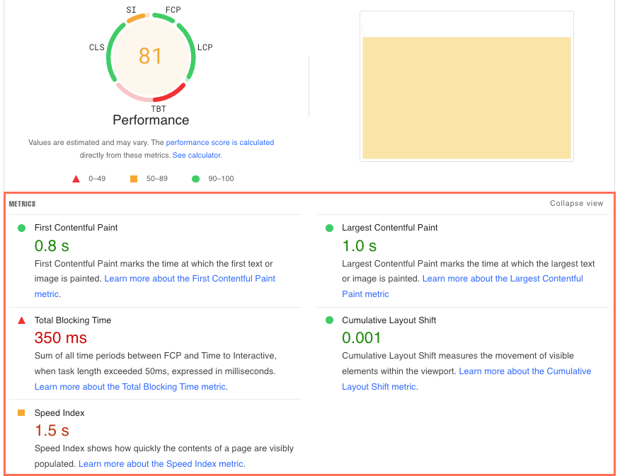 Une capture d'écran montrant les métriques du score de performance.