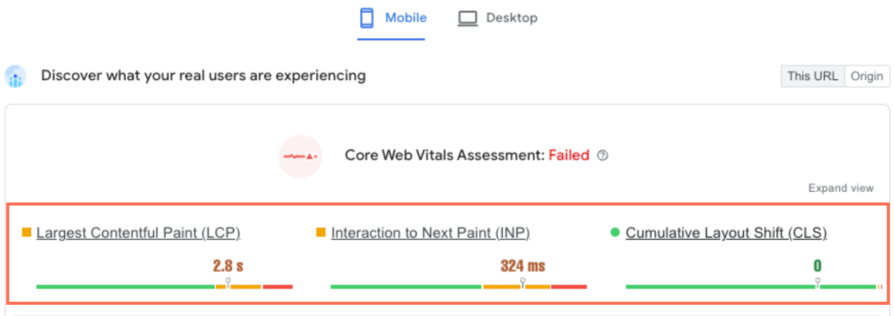 A screenshot showing a partial SEO boost for LCP and INP, but a full boost for CLS.