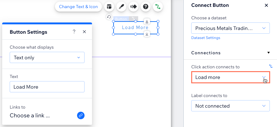 A screenshot of selecting the Load More click action in a button's dataset connections.