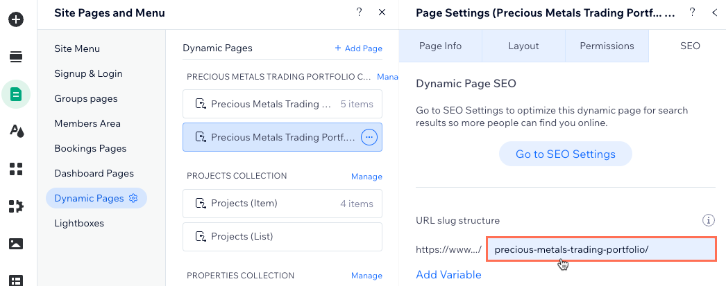 Une capture d'écran de la modification de la structure du slug d'URL pour une page de liste dynamique.